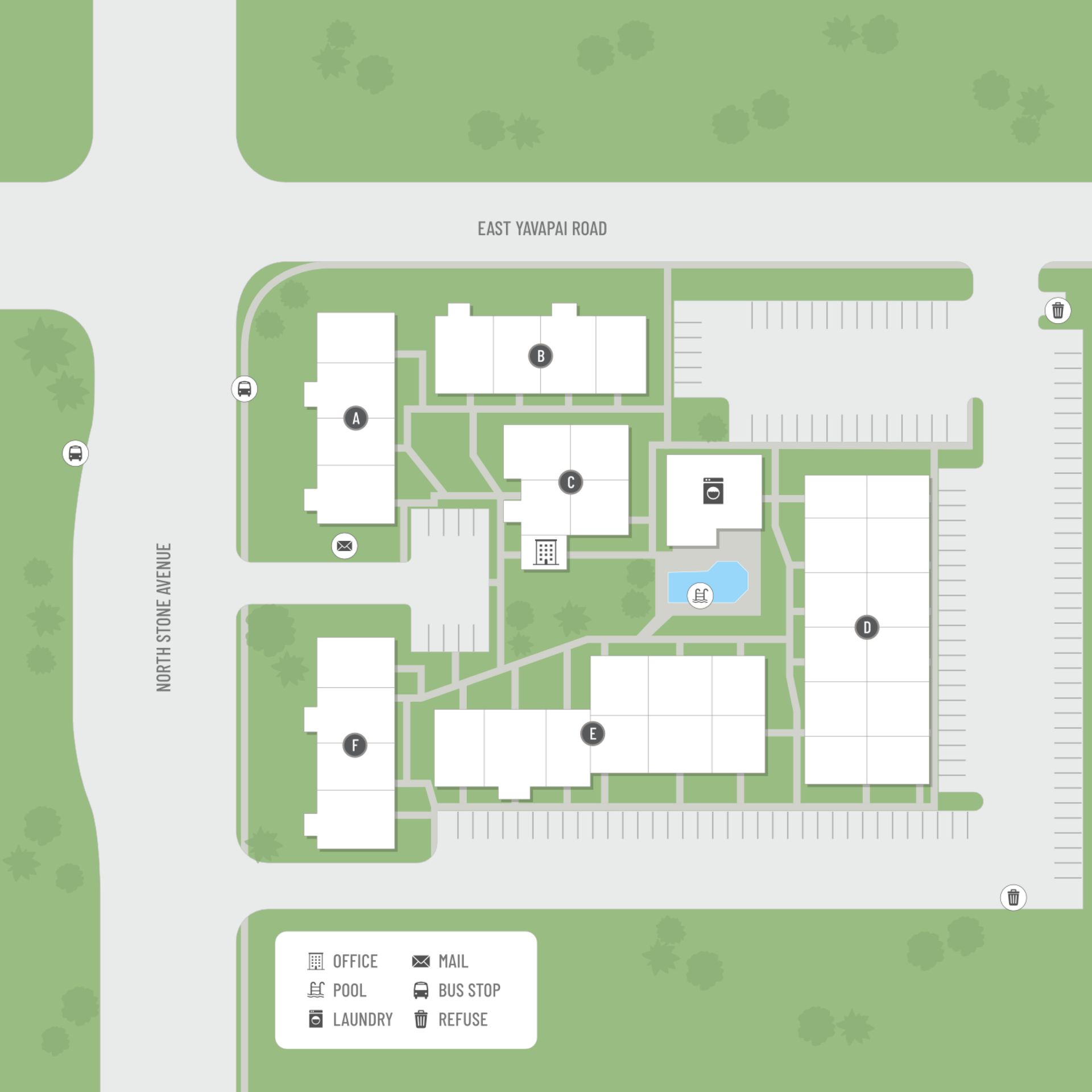 A site map marked by red dots showing unit locations, if available.